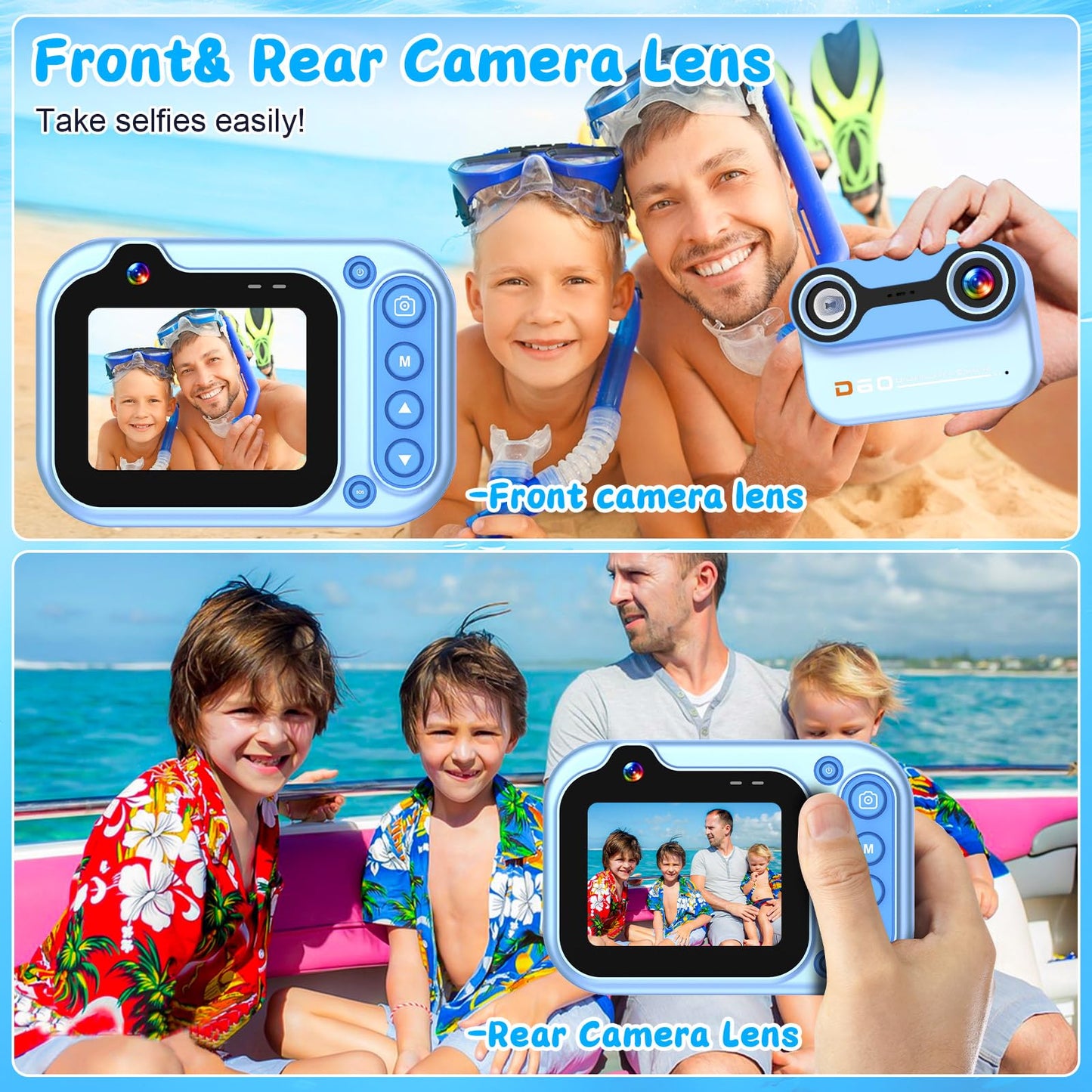 Nawchedo Kids Waterproof Camera, 10FT Underwater Camera, 26MP HD 10X Digital Camera with 2.4" IPS Screen, Kids Action Camera, Blue