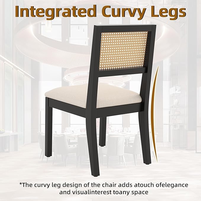 Westice Rattan Dining Chairs Set of 2, Farmhouse Natural Dining Room Chairs with Upholstered Cushion, Wood Armless Chairs for Kitchen/Restaurant, Black