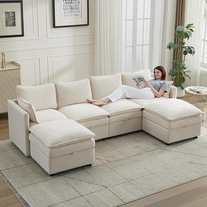 105" Cloud 4 Seater Sectional Modular Couch with 2 Storage Ottoman, Upholstered Storage Sofa Modern Couch Deep Seat, Chenille U Shape Sofa Comfy Couches with Armrests for Living Room, Beige