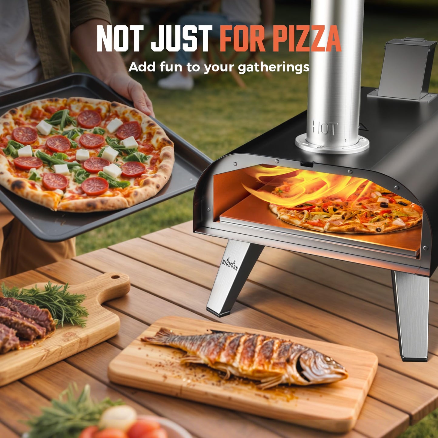 BIG HORN OUTDOORS 12" Woodfire Pizza Stone Oven, 887°F Outdoor Stainless Pizza Cooker, Portable for Party Usage, Black