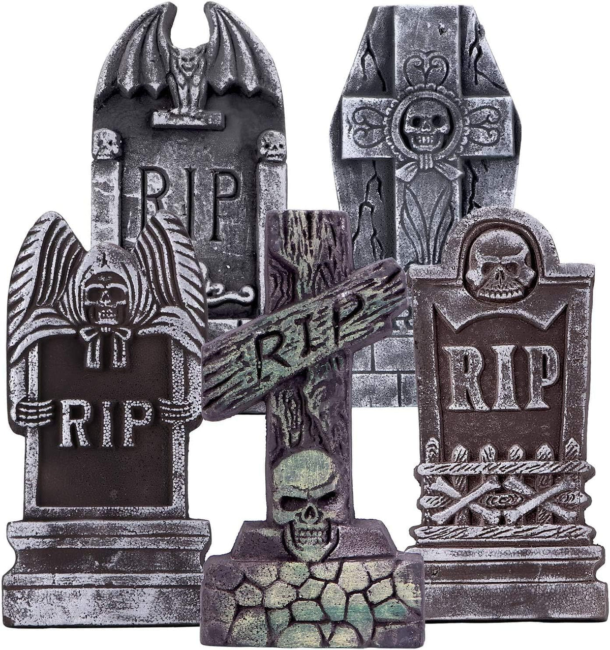 Sizonjoy AYOGU 17” Halloween Foam RIP Graveyard Tombstones, 5 Pack Tombstone with 10 Metal Stakes for Halloween Decorations