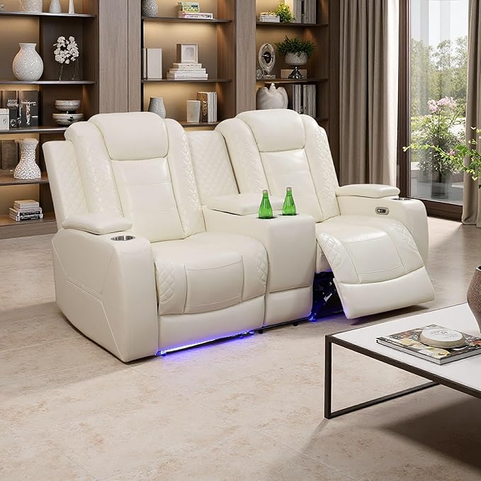 Toseslo Power Recliner Loveseat Set, Leather Reclining Sofa Sectional Couch, 2 Seater Reclining Couches, Living Room Furniture Sets, Reclining Sofa with Storage Console for House(Creamy White)