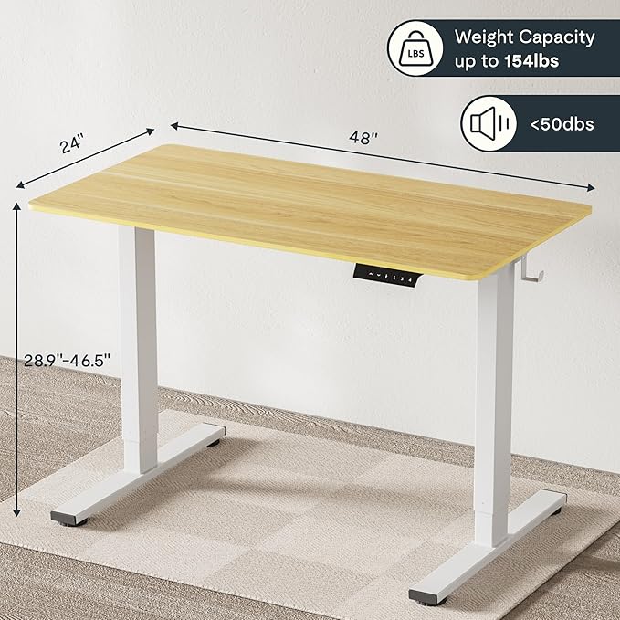 FLEXISPOT EN1 One-Piece Standing Desk, 48"x24" Seamless Desktop Electric Height Adjustable for Home Office, Study Rooms & Multi-Device Workstations, Maple(White Frame)