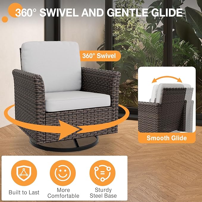 COOS BAY Harbor Retreat 5 Piece Outdoor Furniture Set, Patio Conversation Set with w/Swivel Rocking Chairs, 3 Seat Couch and Ottomans, Wicker Furniture, Brown/Beige