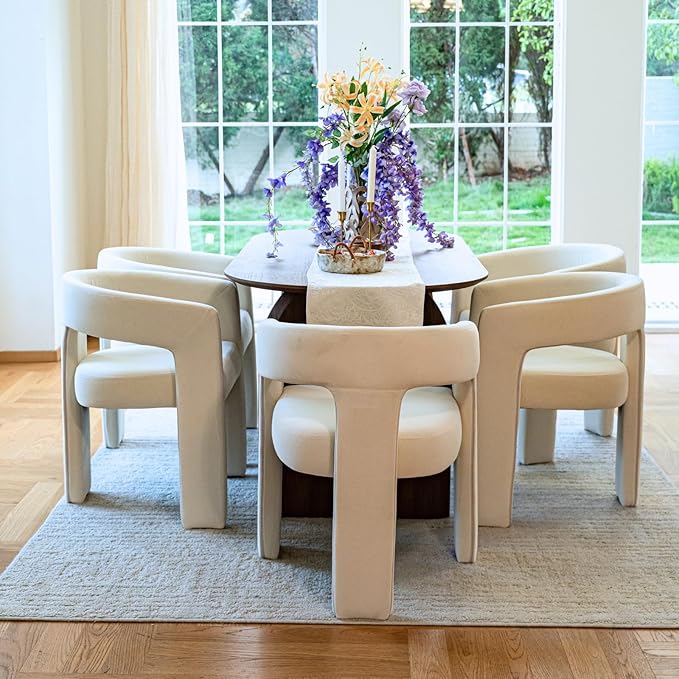 DAYALANE Modern Barrel Dining Chairs Set of 6, Upholstered Accent Kitchen Chair with Arms Comfy Linen Fabric Side Chair for Living Room/Home Office/Reception, Linen Cream