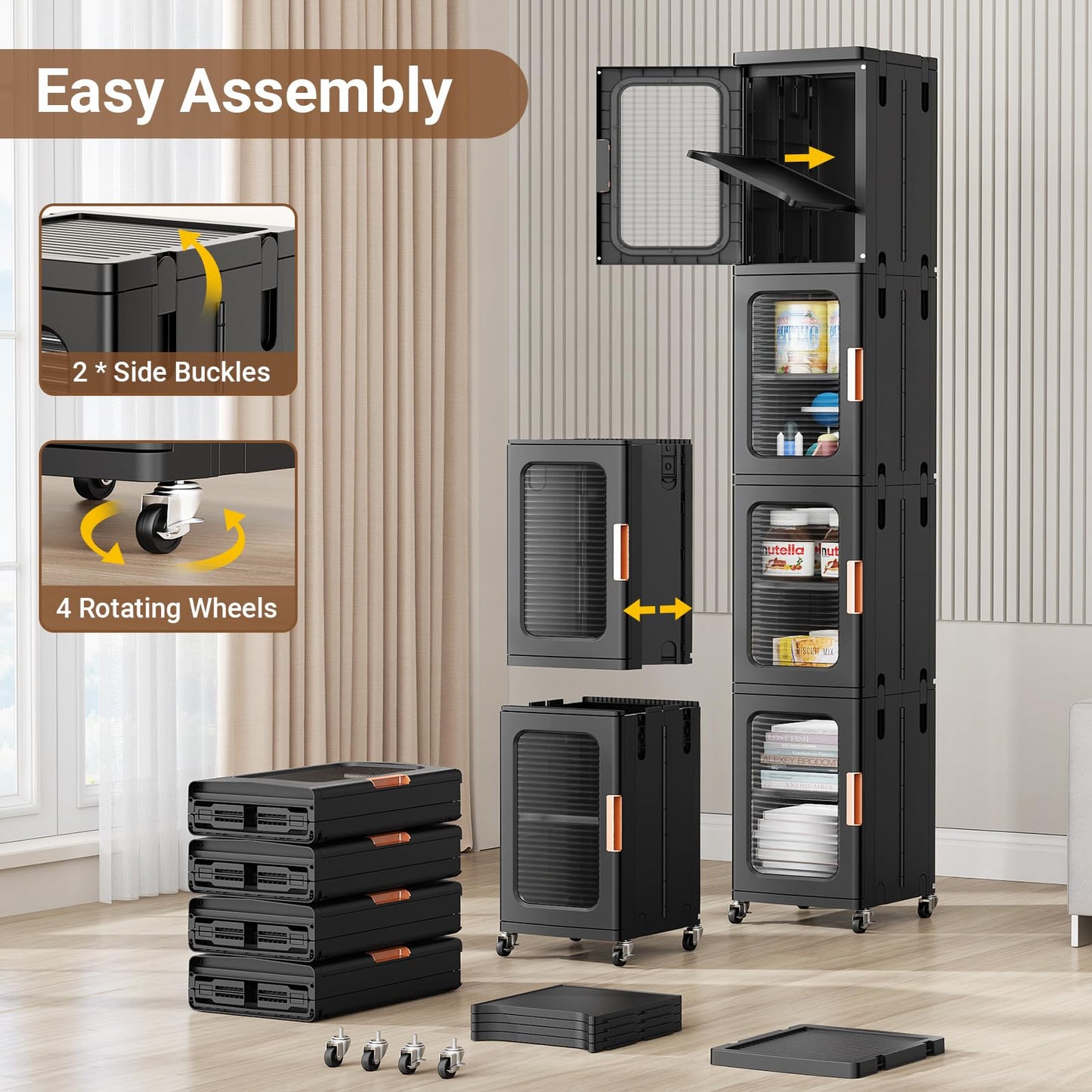 BROVIEW 4-Tier Tall Narrow Storage Cabinet Organizer, Slim Bathroom Cabinets with Doors and Shelves Adjustable, Plastic Kitchen Pantry Organizers and Storages for Small Space, Laundry, Black