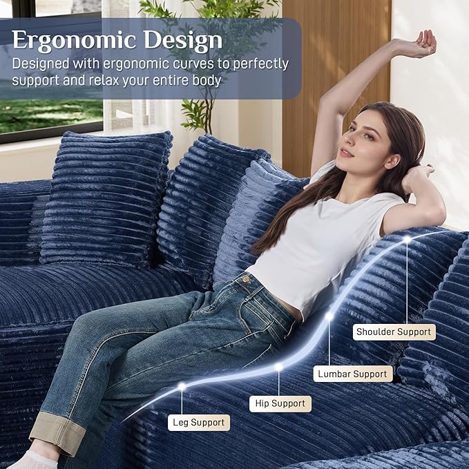 Modular Sectional Sofa, 130" U Shaped Cloud Couch Plush Corduroy Deep Seat Boneless Sofas with 8 Pillows Double Chaise Lounge Sectional Couches with Memory Foam for Living Room - Blue