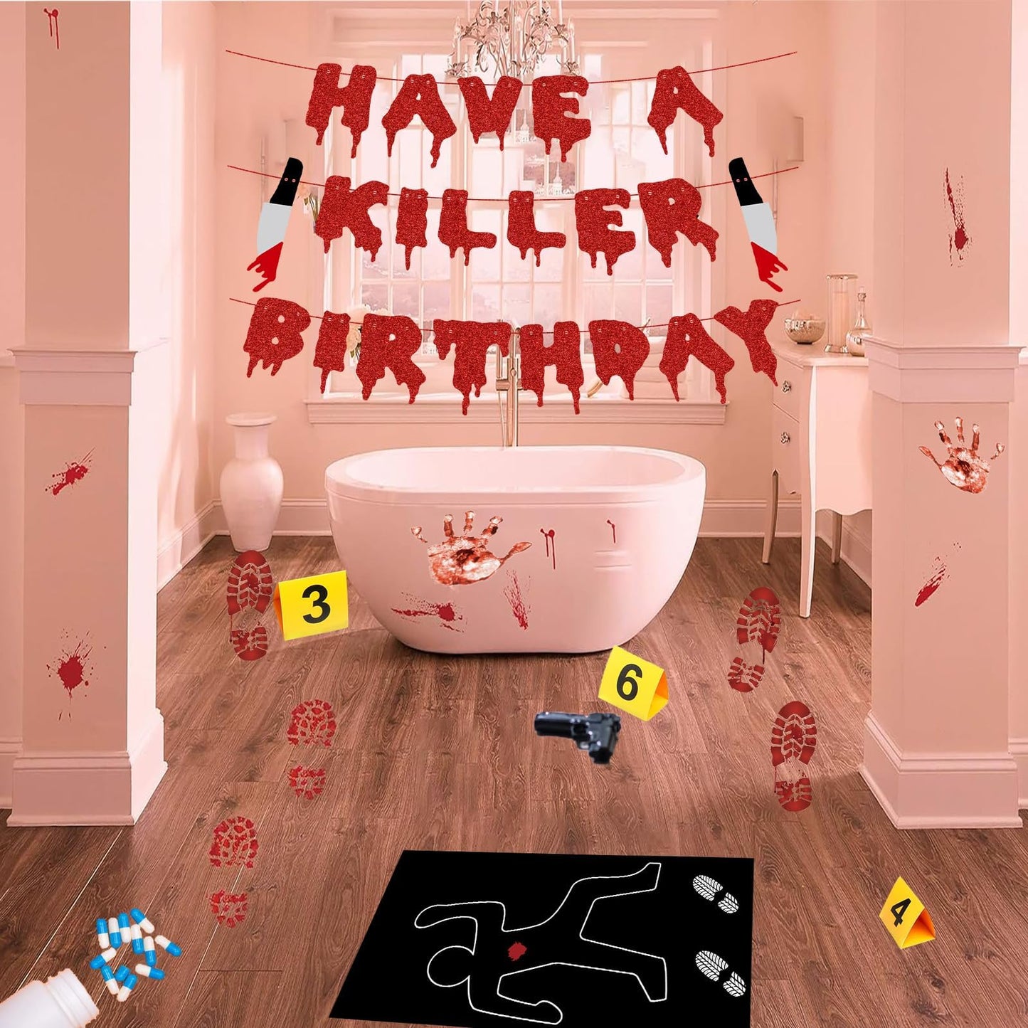 Akide Halloween Crime Scene Decorations Kit Have A Killer Birthday Banner Body Silhouette Crime Scene Tape Evidence Markers Mugshot Backdrop for Detective Murder Mystery Dexter Party Decorations