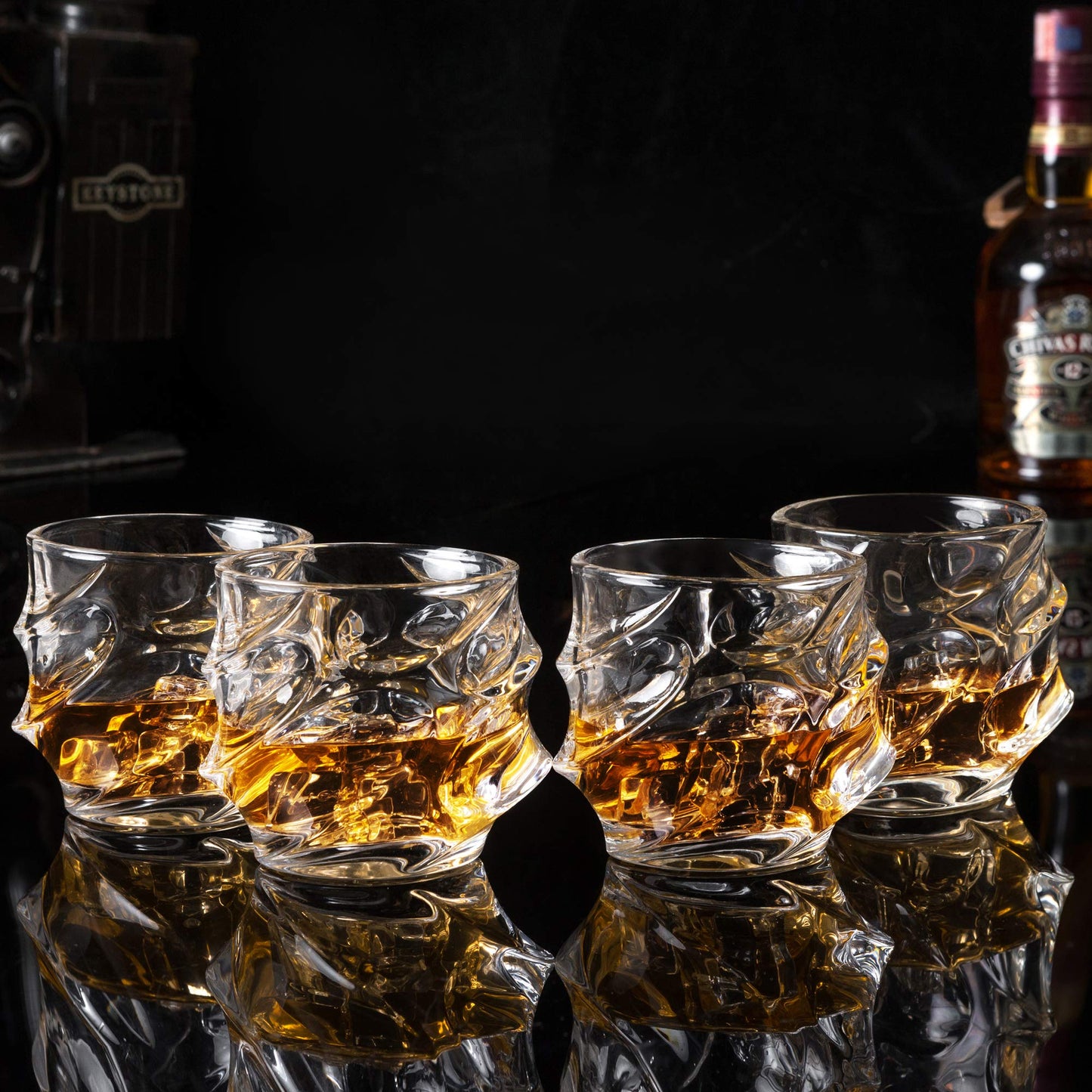 KANARS Old Fashioned Whiskey Glasses 11 Oz - Emperor Rocks Glasses Set of 4 for Bourbon Cocktail Scotch Snifter Malt Cognac - Heavy Crystal Bar Glassware - Unique Men Gift