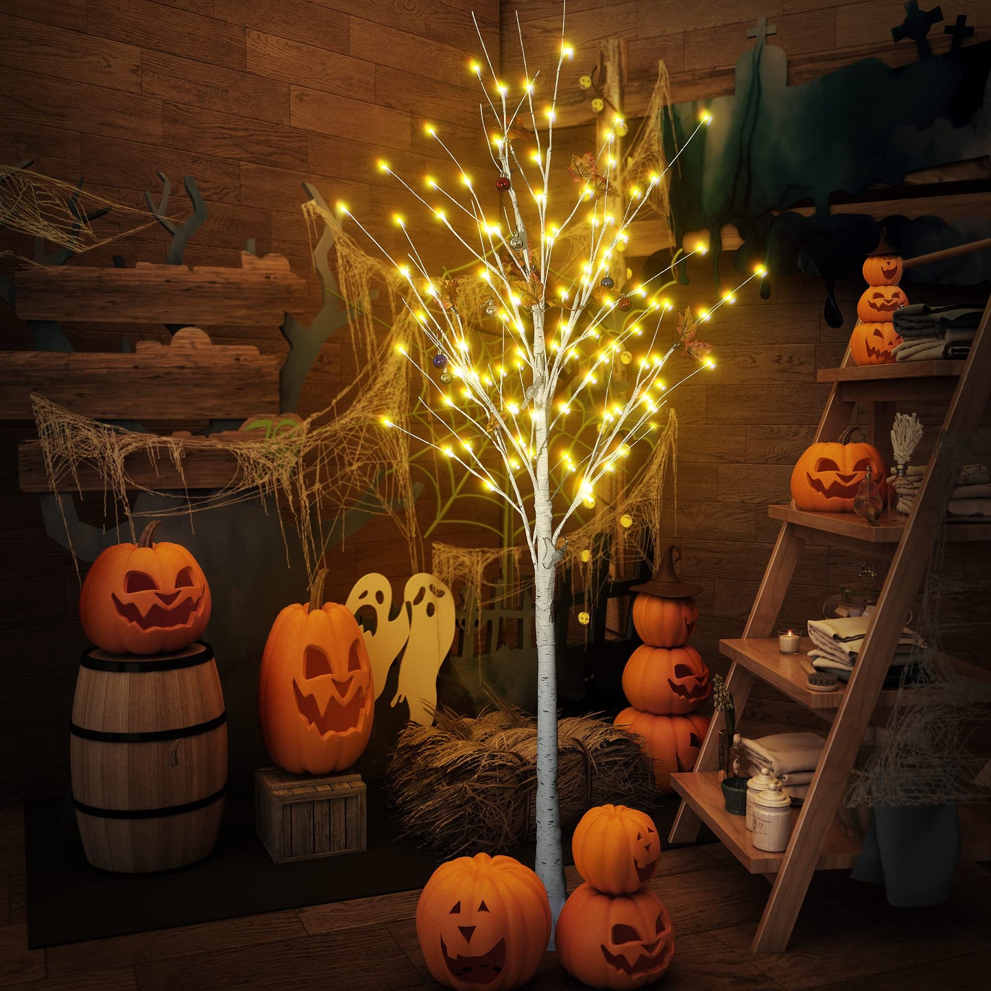 Set of 3 Birch Tree with LED Lights, 4FT 5FT 6FT Prelit Christmas Tree, Lighted White Artificial Tree for Indoor Outdoor, Thanksgiving Christmas Seasonal Holiday Decoration