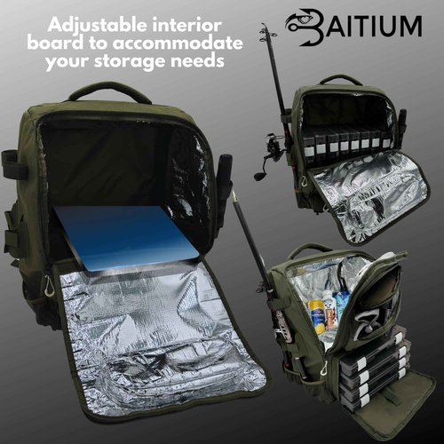 Baitium Fishing Backpack, Tackle Bag With Rod Holders, 40L Capacity With Cooler, Rain Cover, Insulated Pocket, 4 Tackle Trays Included- (Green)