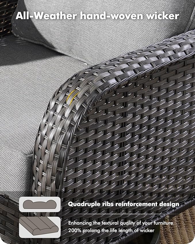 CAODOC 3-Piece Swivel Rocking Rattan Chair Outdoor, Patio Bistro Furniture Conversation Set, Wicker Chair with Coffee Table Dark Gray