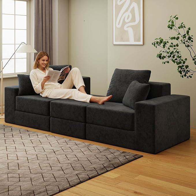 Cloud Modular Sectional Sofa, Comfy Boneless Couch for Living Room, Modern L-Shaped Couch with Reversible Chaise, Customizable Sleeper Sofa with Non Slip, No Assembly & Deep Seat, Black