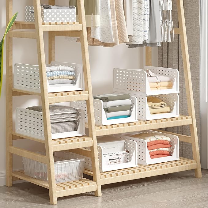 VECELO 4 Pack Plastic Closet Shelf Organizer, Stackable Sweater Storage Closet Drawers, Foldable Wardrobe Organizer, Easy Assembly, Durable and Space Saving for Closet, Bathroom, Kitchen, Gray