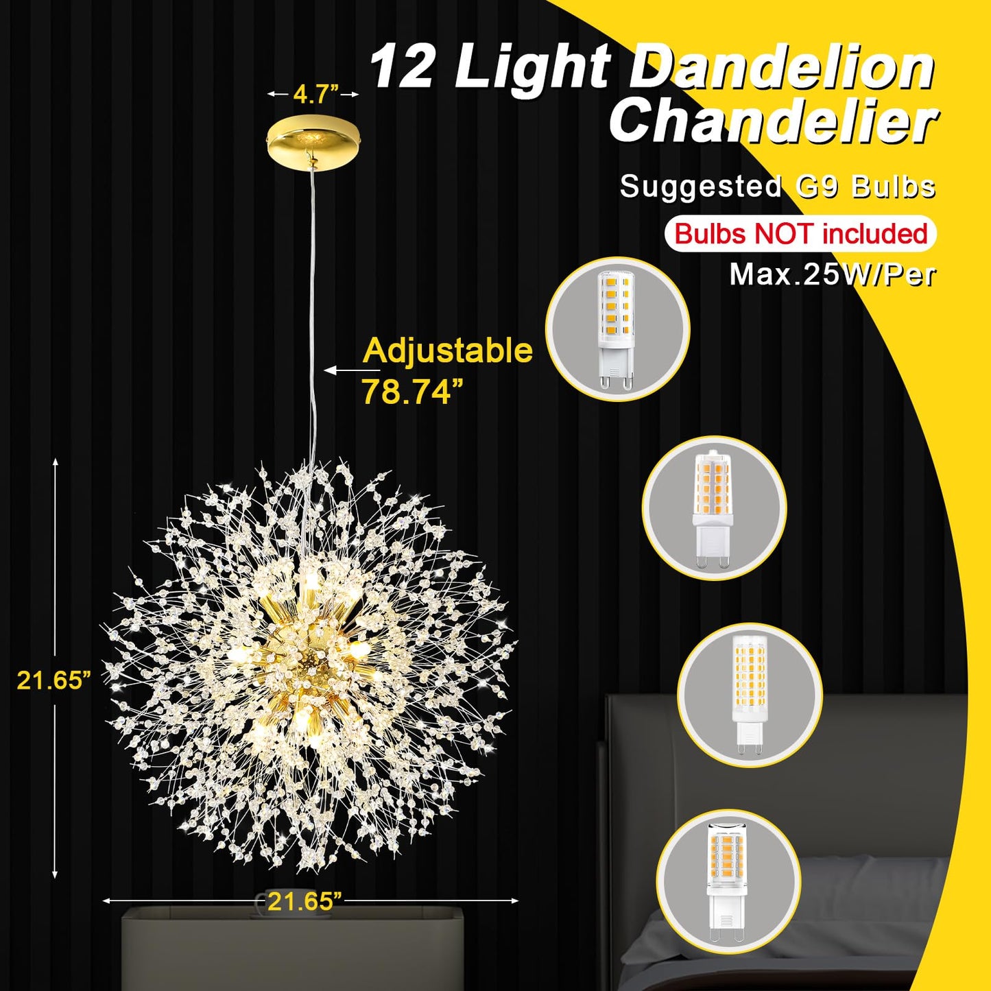 Qamra Modern Crystal Gold Chandeliers, Firework Dandelion Sputnik Chandelier Light Fixture Pendant Lighting for Dining Room, Bedroom, Kitchen, Living Room(12-Light, Gold)