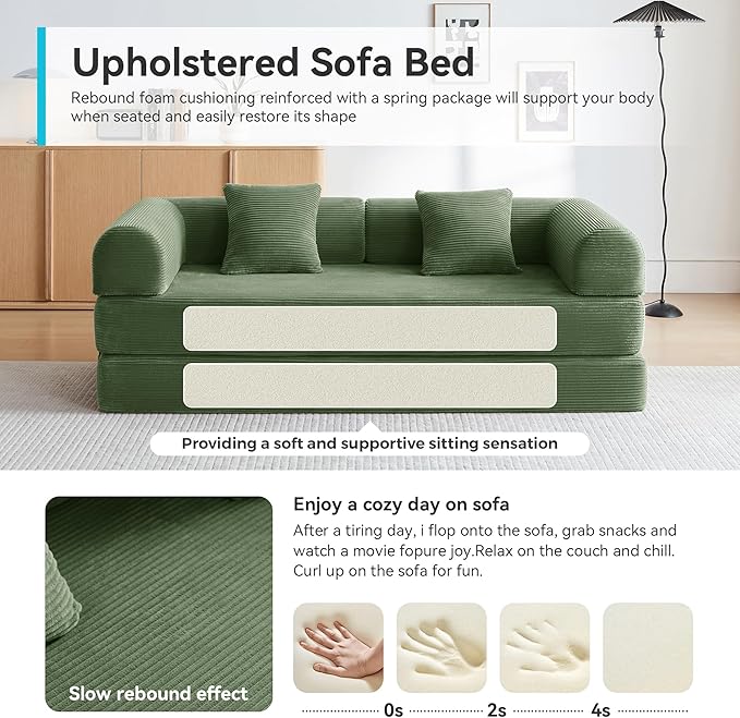 ZQRhome 79" 5-in-1 Convertible Sofa Bed, Premium Sleeper with Reinforced Frame & Plush Corduroy, No Assembly Modular Couch for Lounge, Guest Room & Small Space, Olive Green