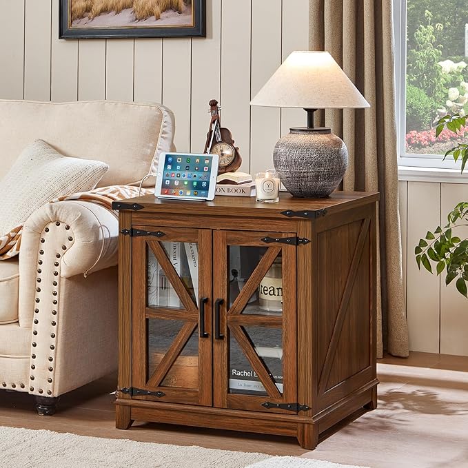 Joaxswe Farmhouse End Table with Charging Station Set 2, 24" Large Sofa Side Table with Glass Barn Door, Nightstand with Adjustable Storage Shelf,Wood Square Bedside Table for Living Room,Bedroom
