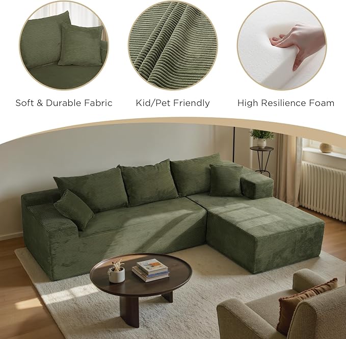 Green Cloud Couch Sectional Sofa in Box with L-Shape Chaise,Modern Modular Couches Upholstered with Deep Seat for Living Room,No Assembly Required