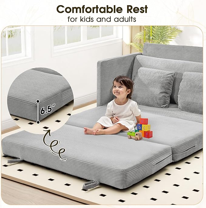65" Convertible Loveseat Sofa Bed, 2-in-1 Folding Sofa Bed with 2 Pillow for Small Spaces, Modern Loveseat Sleeper Couch for Apartment, Living Room & Guest Room (Light Grey Corduroy, 65 inch)