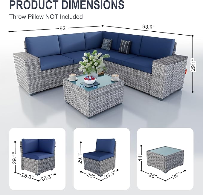 PCSXDSW 12 Pieces Patio Conversation Set, Rattan Furniture Set with Wide Armrests and Coffee Table, Outdoor Modular Sectional Couch Wicker Sofa for Garden Backyard Balcony Porch Deck (Blue Cushions)