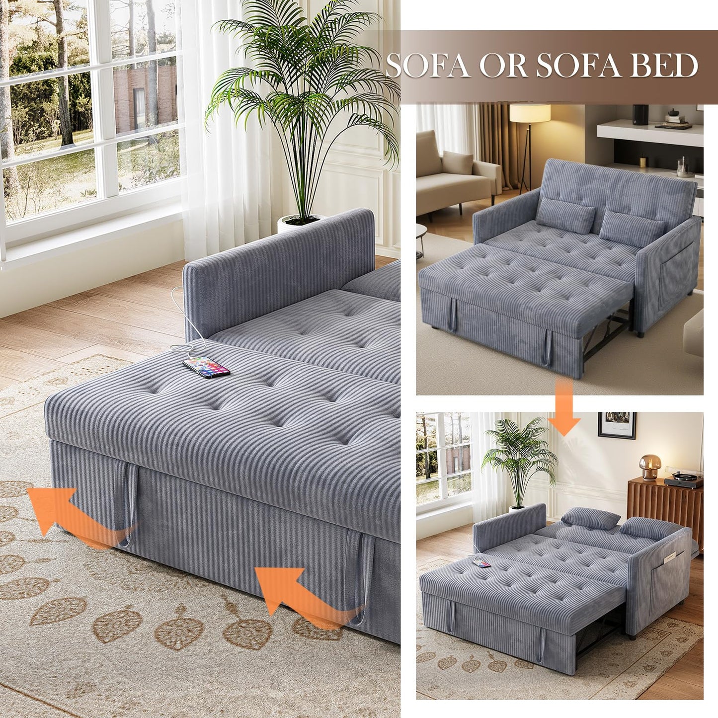 UXENAFANA Sofa Bed, Loveseat 3-in-1 Sleeper Sofa with Pull Out Bed, Pockets and USB, Modern 2 Seater Convertible Small Couch for Living Room Bedroom Apartment (Gray, Corduroy)