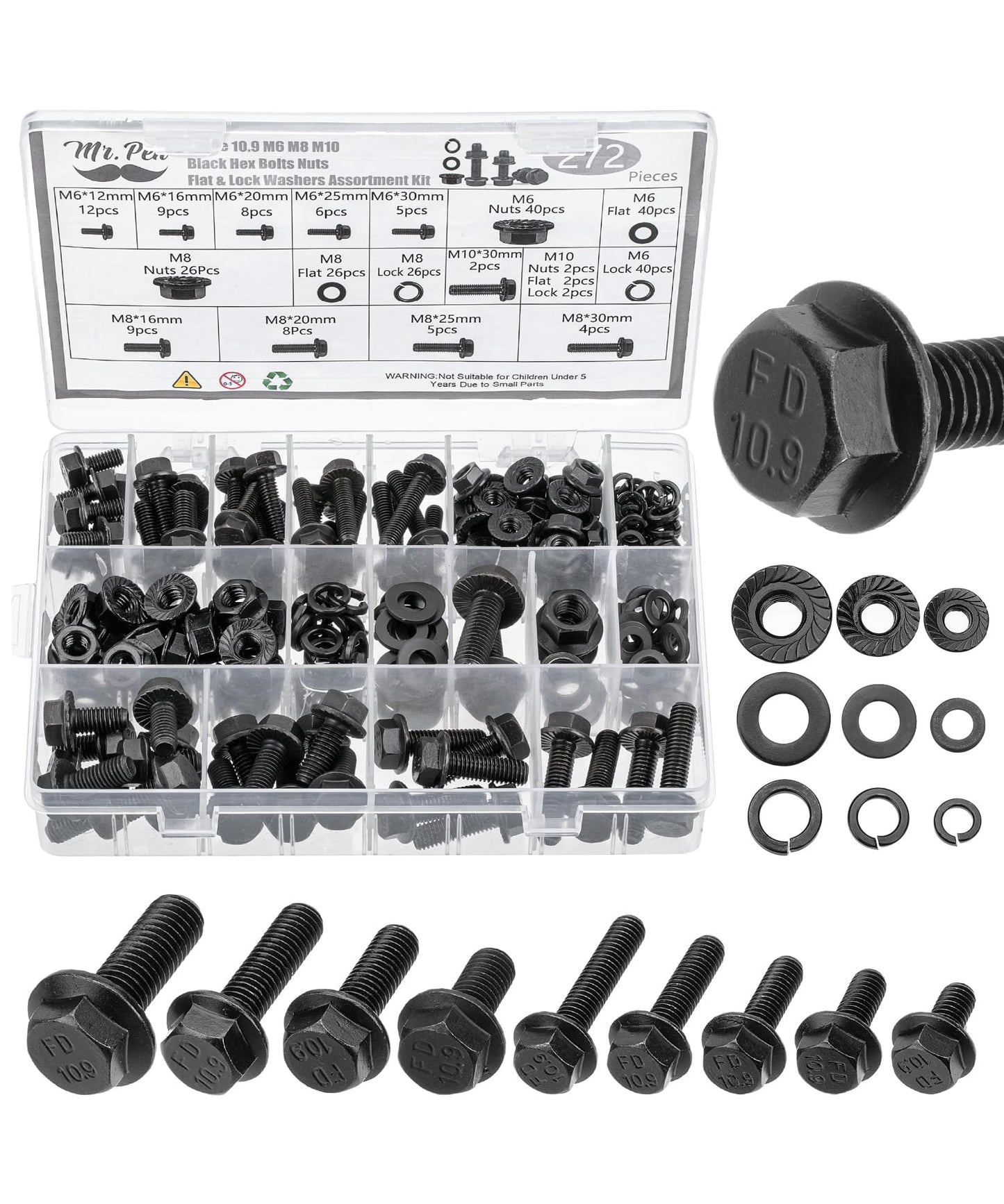 Mr. Pen- Nuts and Bolts Assortment Kit, 272 pcs, Black Carbon Steel, Grade 10.9, M6, M8, M10(12mm to 30mm), Flange Hex Head Metric Assorted Nuts and Bolts
