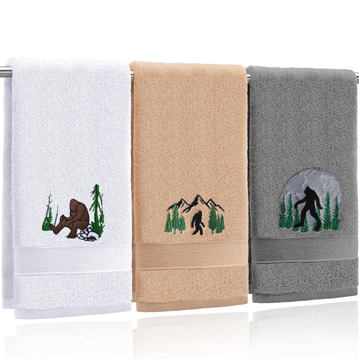 FuWeave 3 Pcs Bigfoot Hand Towels Funny Big Foot Sasquatch Gifts Forest Mountain Embroidered Decorative Bathroom Towels for Bathroom Kitchen Decor, 100% Cotton, 13.3 x 29.5''