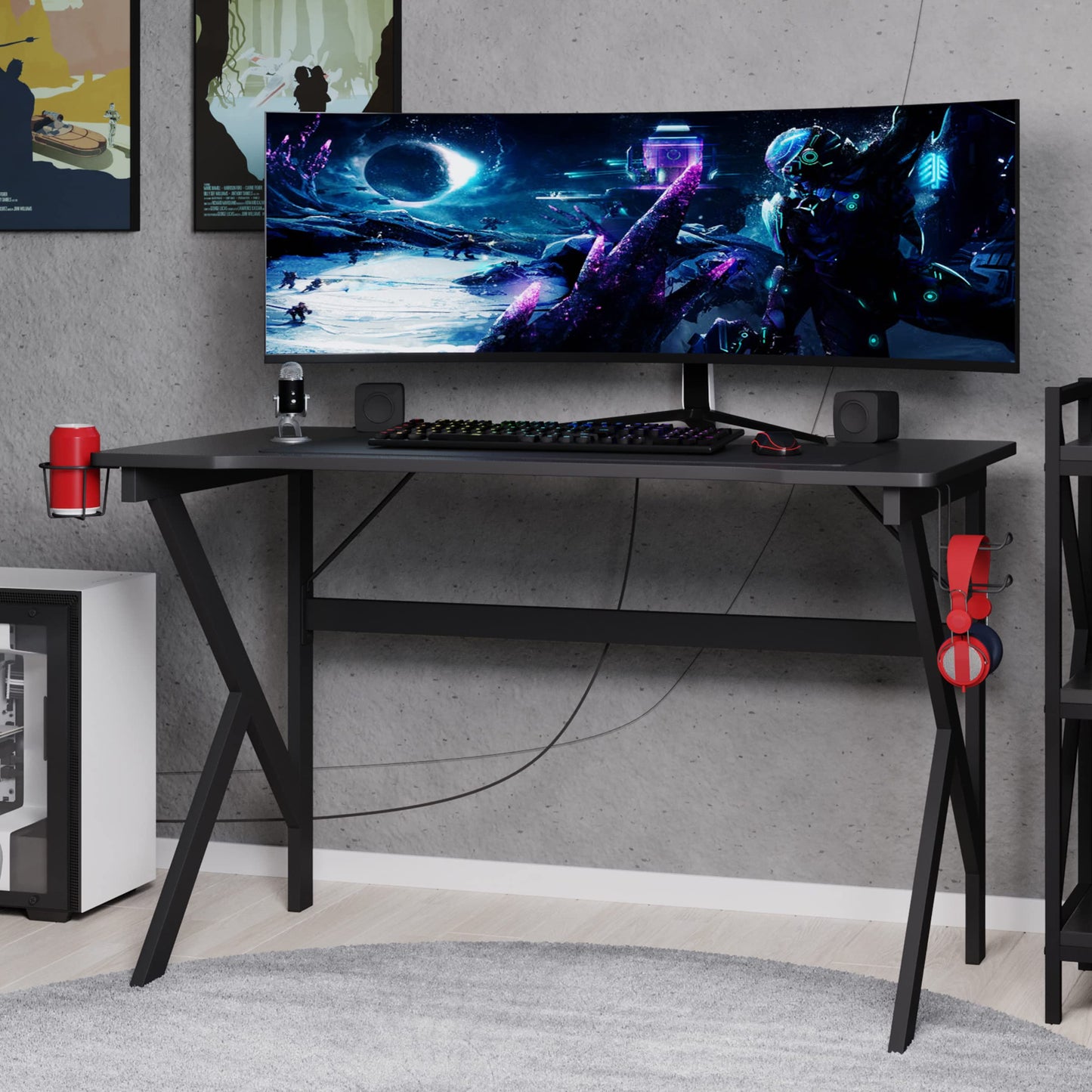 Gaming Computer Desk - Carbon Fiber Texture Finish PC Desk with Cup Holder, Headphones Hanger, K Shaped Legs, Cable Management by Lavish Home (Black)