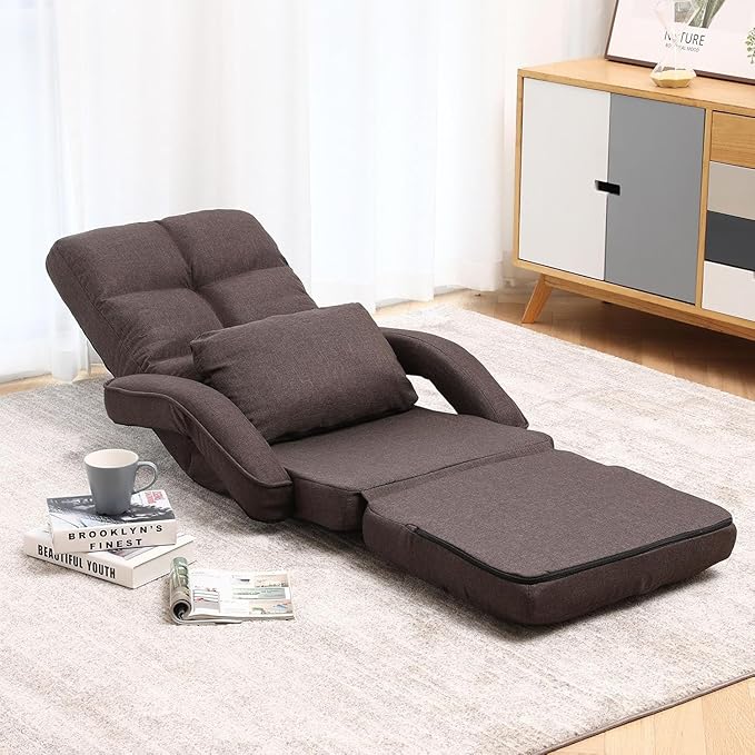 DeeLyan Indoor Floor Chair with Armrest and Pillow Folding Chaise Lounge Sofa 14-Position Adjustable Comfy Gaming Recliner Chair Padded Seats for Adults(Brown)