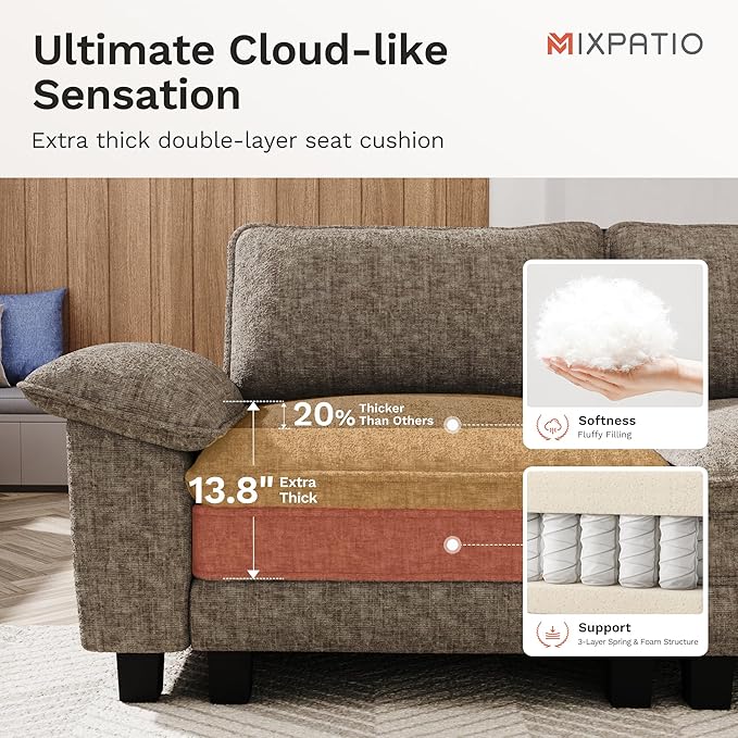 MIXPATIO 157.5" Cloud Modular Sectional Sofa, 4-Seater w/Deep Seat & Removable Arms, Plush Chenille for Living Room - Smoky Gray