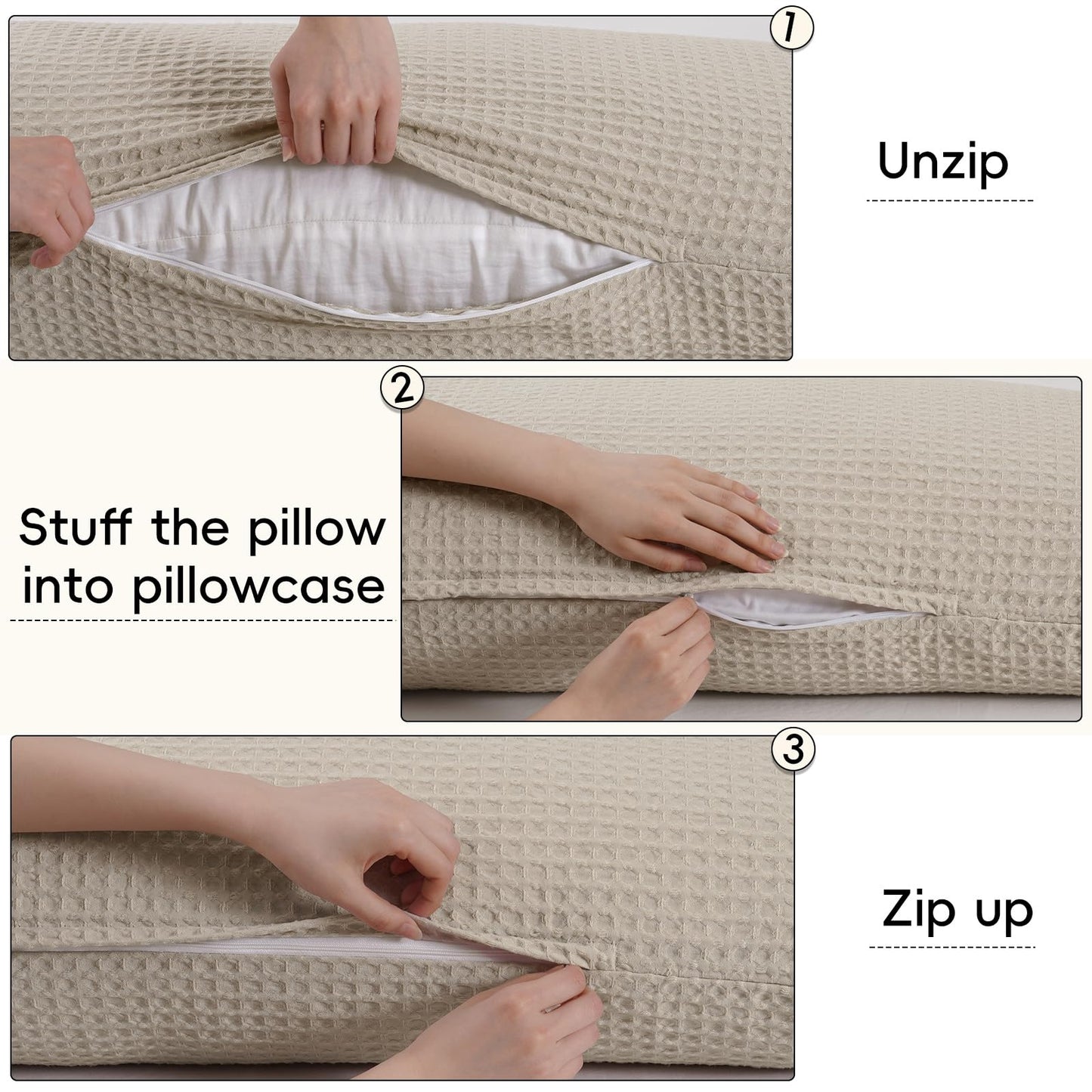 PHF Ultra Soft Waffle Weave Body Pillowcase 20" x 54", No Insert, Breathable & Skin-Friendly Body Pillow Sham with Zipper, Decorative Waffle Weave Pillow Cover, Light Khaki/Linen