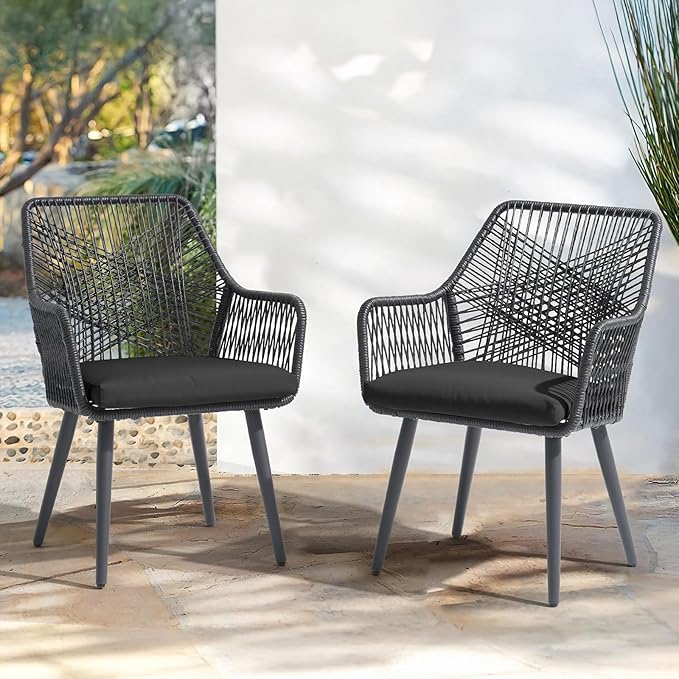 Patiorama Patio Dining Chair Set of 4,Woven Rope Outdoor Dining Chairs w/Steel Frame,All-Weather Twisted Rattan Chairs w/Armrest & Cushion,Outdoor Dining Wicker Chairs for Backyard Garden(Dark Grey)