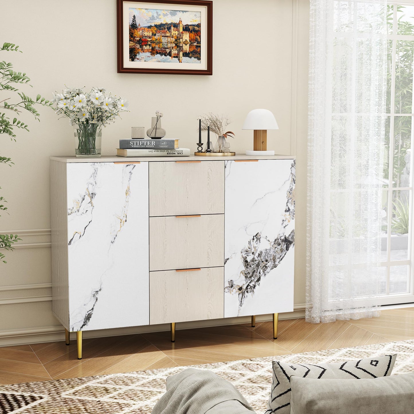 LubanNese Buffet Sideboard Cabinet with Storage, Modern Sideboard with 3 Drawers, Credenza Accent Cabinet, Wood Console Table Coffee Bar for Kitchen, Dining Room, Entryway