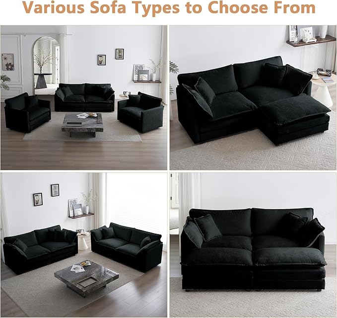 mikibama Luxury Loveseat Sofa Couch, 76" Modern Chenille Deep 2-Seater Cloud Couch with 2 Armrest Pillows and 2 Toss Pillows, Love Seat for Living Room Bedroom Office Apartment, Black