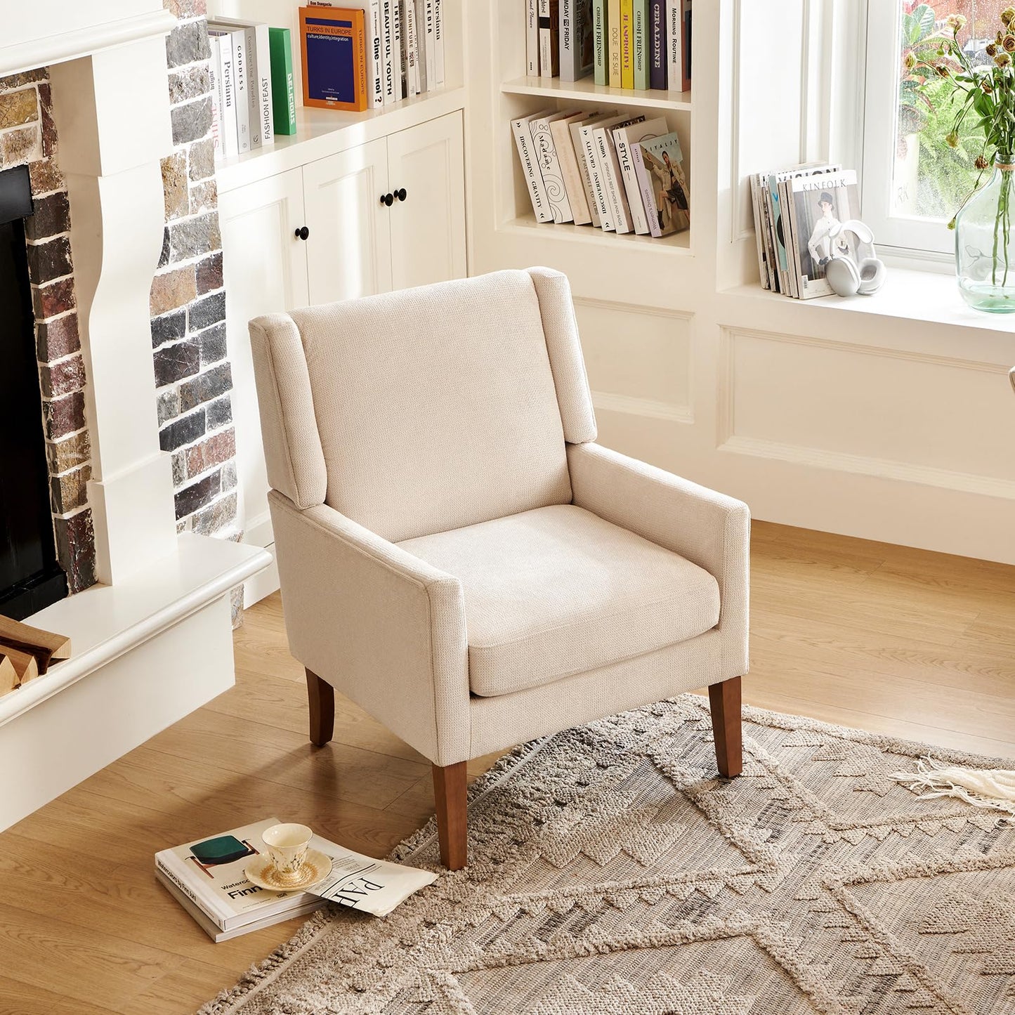 COLAMY Modern Wingback Living Room Chair, Upholstered Fabric Accent Armchair, Single Sofa Chair with Lounge Seat and Wood Legs for Office/Bedroom/Reading Spaces, Beige