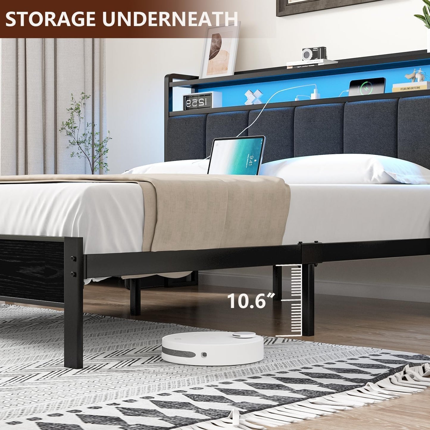 Twin Size Bed Frames with LED Lights and Storage, Metal Platform Bed Twin with Upholstered Headboard and Charging Station, Heavy Duty Metal Slats, No Box Spring Needed, Easy Assembly, Dark Grey