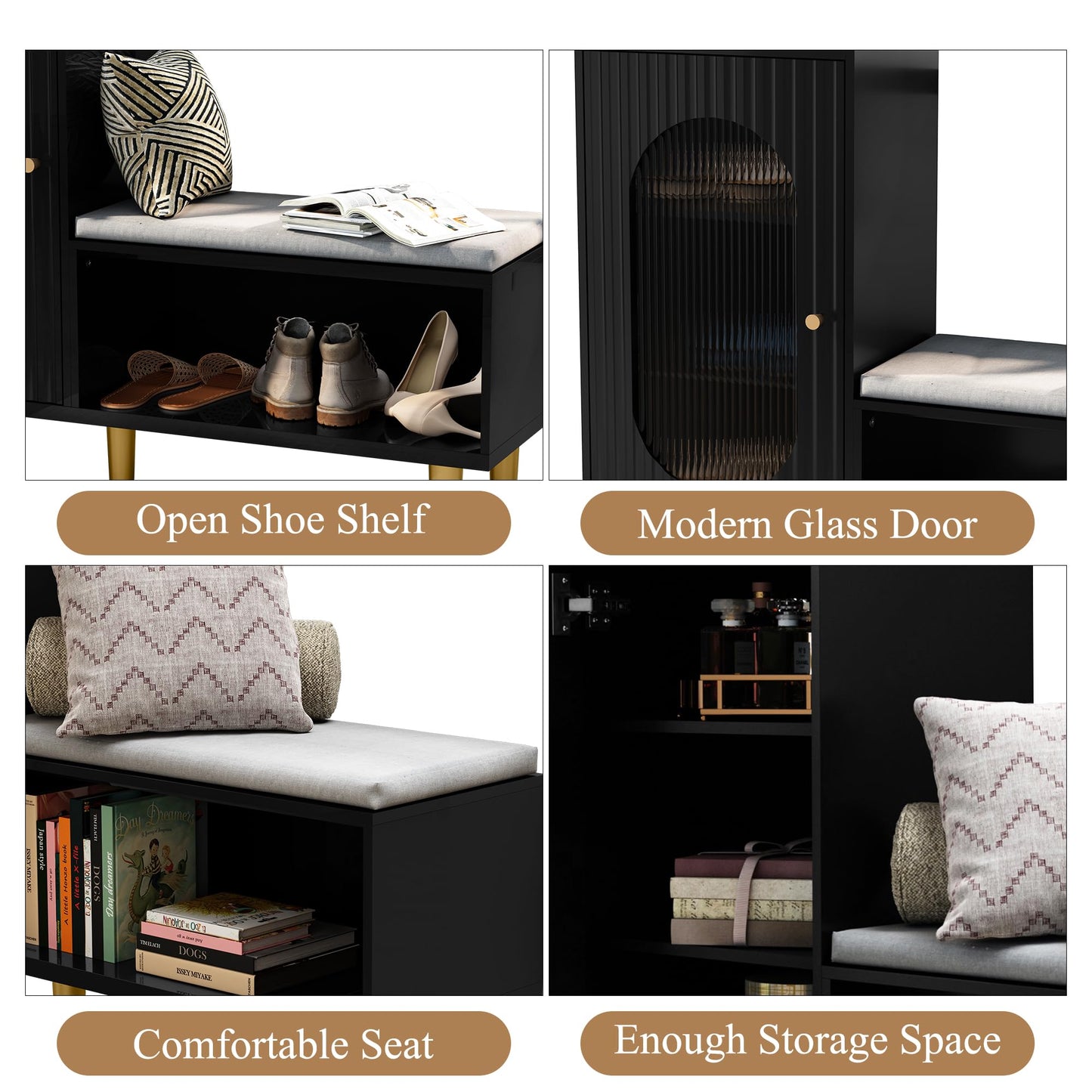 HLR Storage Bench with Glass Door&Shelf, Modern Entryway Shoe Cabinet Bench with Padded Seat, L-Shaped Storage Cabinet for Hallway, Bedroom, Living Room, Office, Black