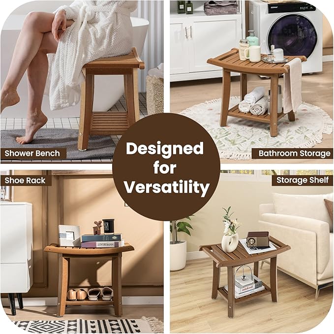 GOFLAME 2-Tier Shower Bench, Spa Bath Shower Stool with Curved Seat, 2 Easy-to-Grip Handles, Storage Shelf & Non-Slip Foot Pads, Waterproof Shower Chair for Bathroom, Living Room, Entryway, Brown
