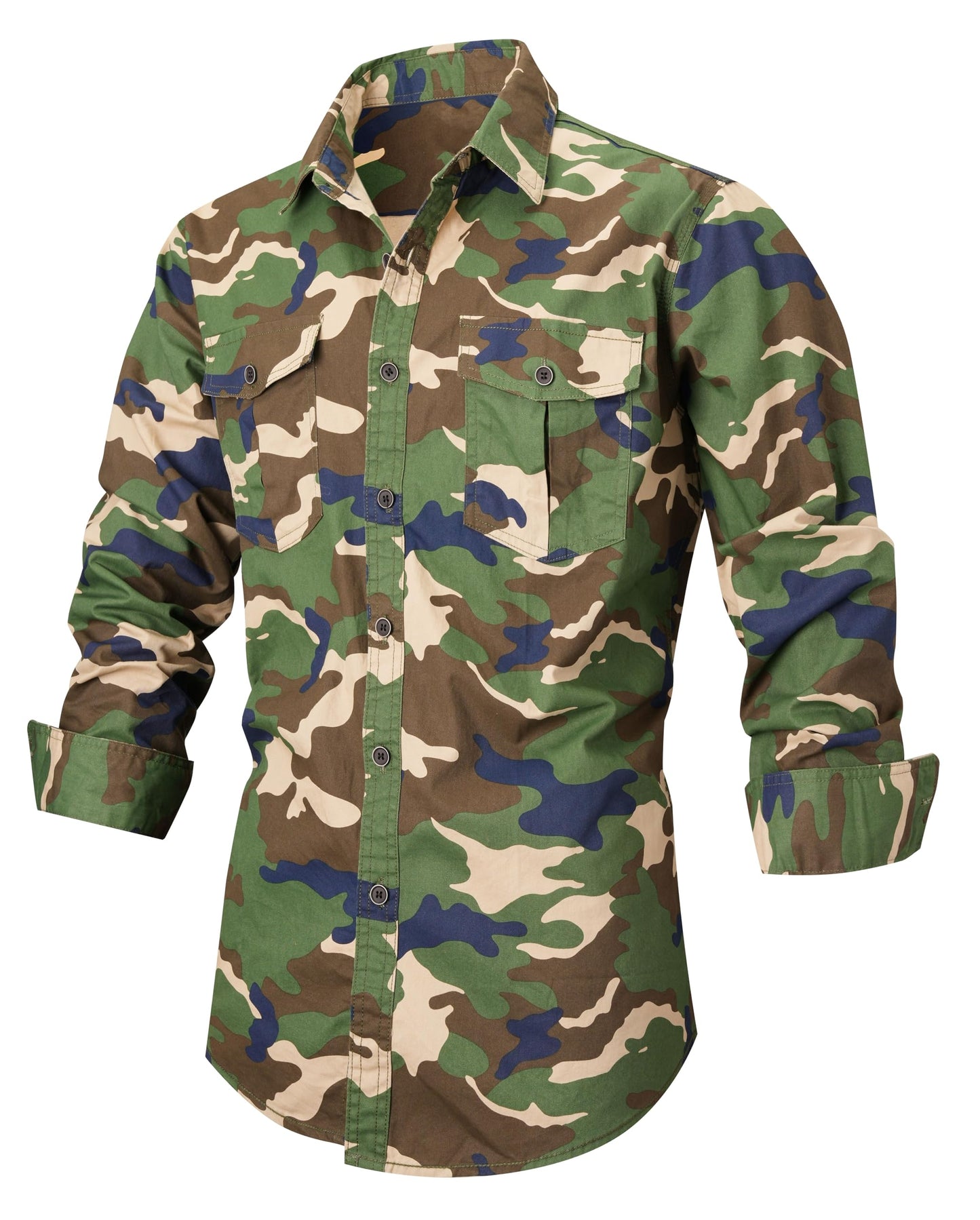 PAODIKUAI Men Camouflage Denim Shirt Camo Washed Military Long Sleeve Shirts Casual Button Down Shirts(Camou 1,S)