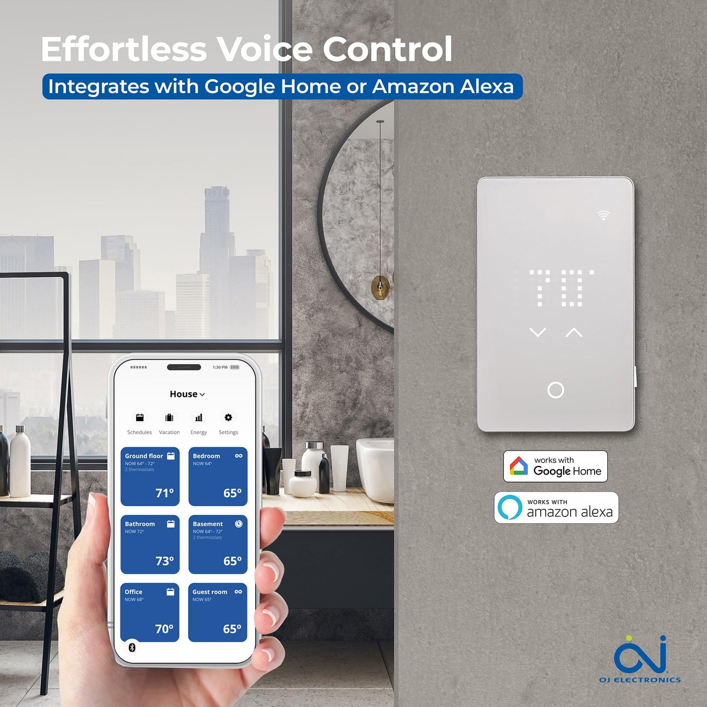 OJ Microline UWG5 LED Smart Heated Floor Thermostat - WiFi & Touchscreen - 120/240v - Programmable with Voice Control - Radiant Floor Heating Thermostat with GFCI & Flooring Sensor