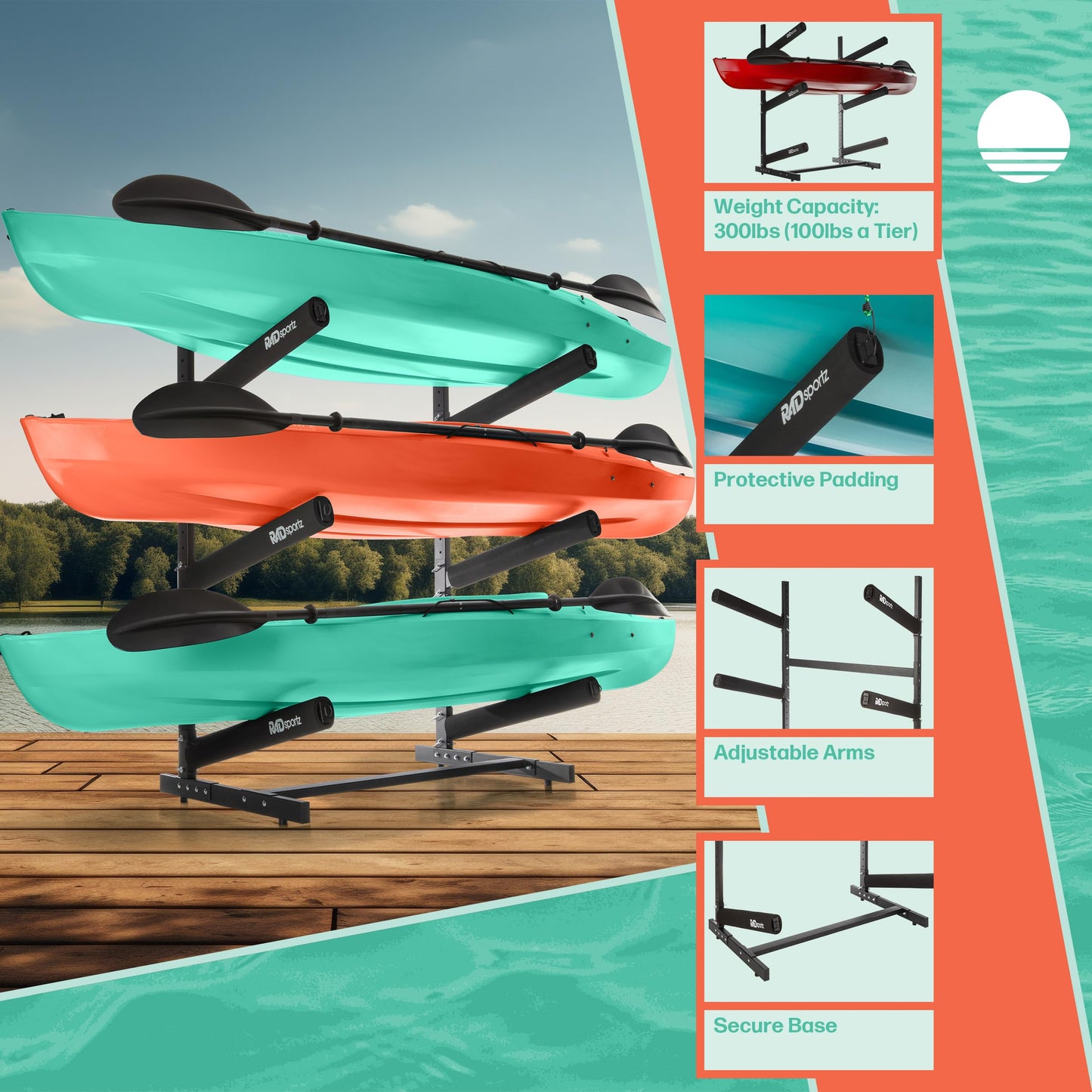 Rad Sportz Kayak Storage Rack - 3-Level Freestanding Adjustable Stand with Padded Arms and 300lb Capacity for Canoes, SUP, or Paddleboards (Black)