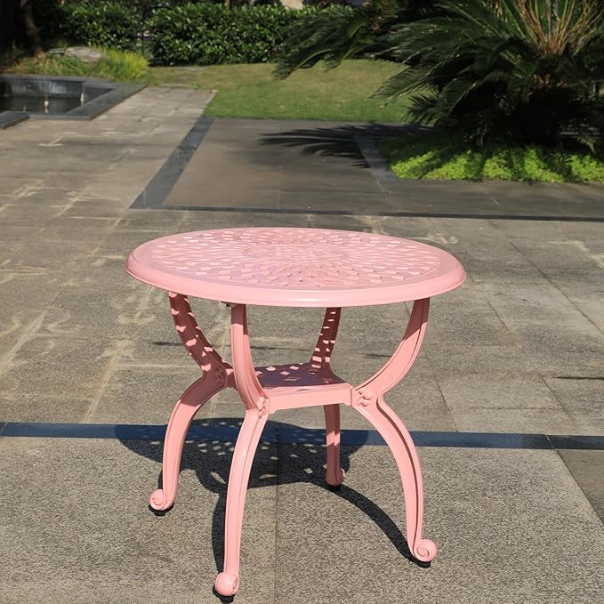 WILOUNGE Cast Aluminum Outdoor Side Table,Small Patio Table,Outdoor Coffee Tables for Patio,Garden,Balcony, for All Weather(Pink, Round)
