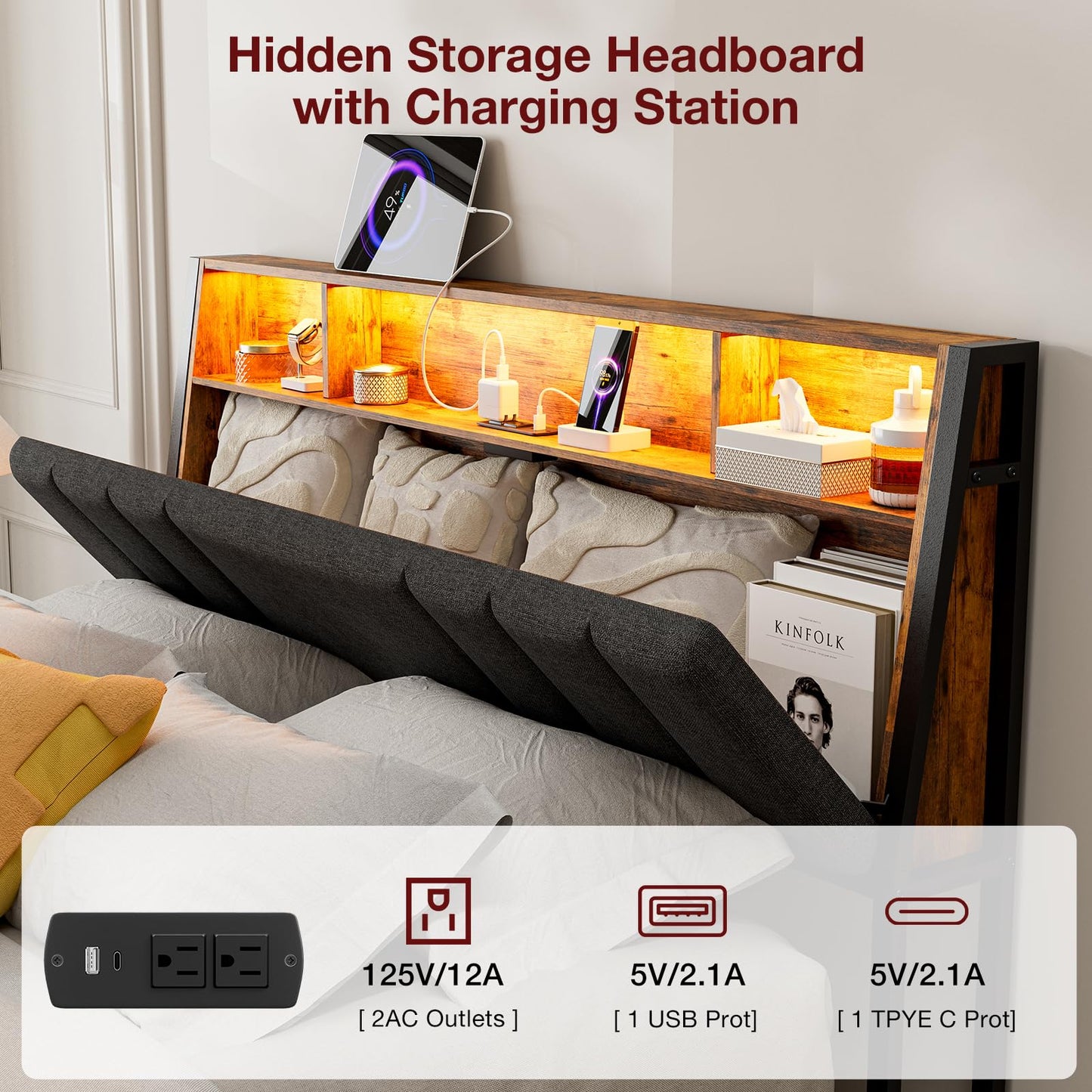 AOVSA Queen Bed Frame with Ergonomic Hidden Storage headboard & Dustproof Drawers, Upholstered Platform Bed with LED Lights and Charging Station, Easy Assembly, No Box Spring Needed, Dark Grey