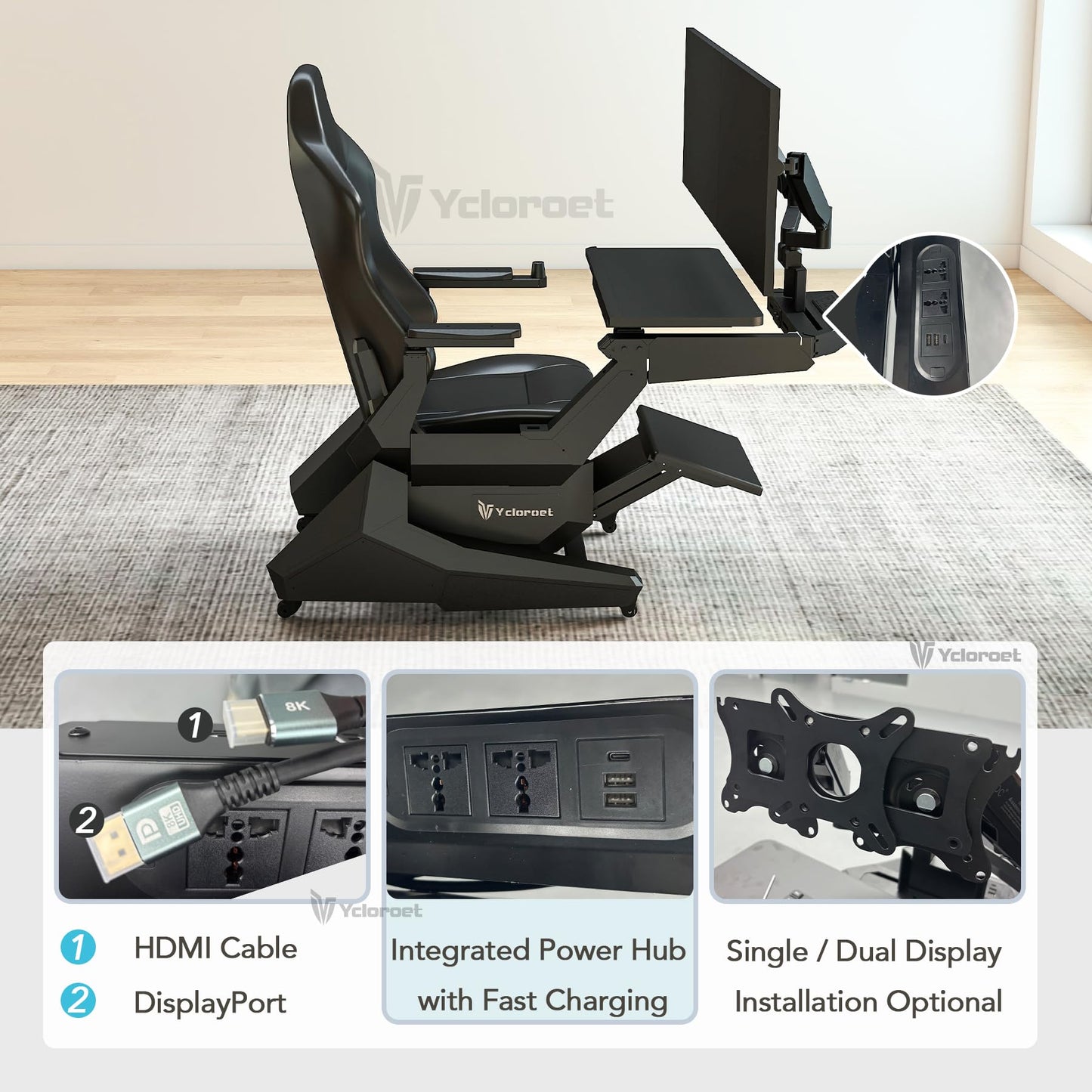 Ycloroet Zero-Gravity Gaming & Office Chair with Dual Monitor Arm, Mobile Reclining Workstation for Home Office and Ergonomic Gaming Setup