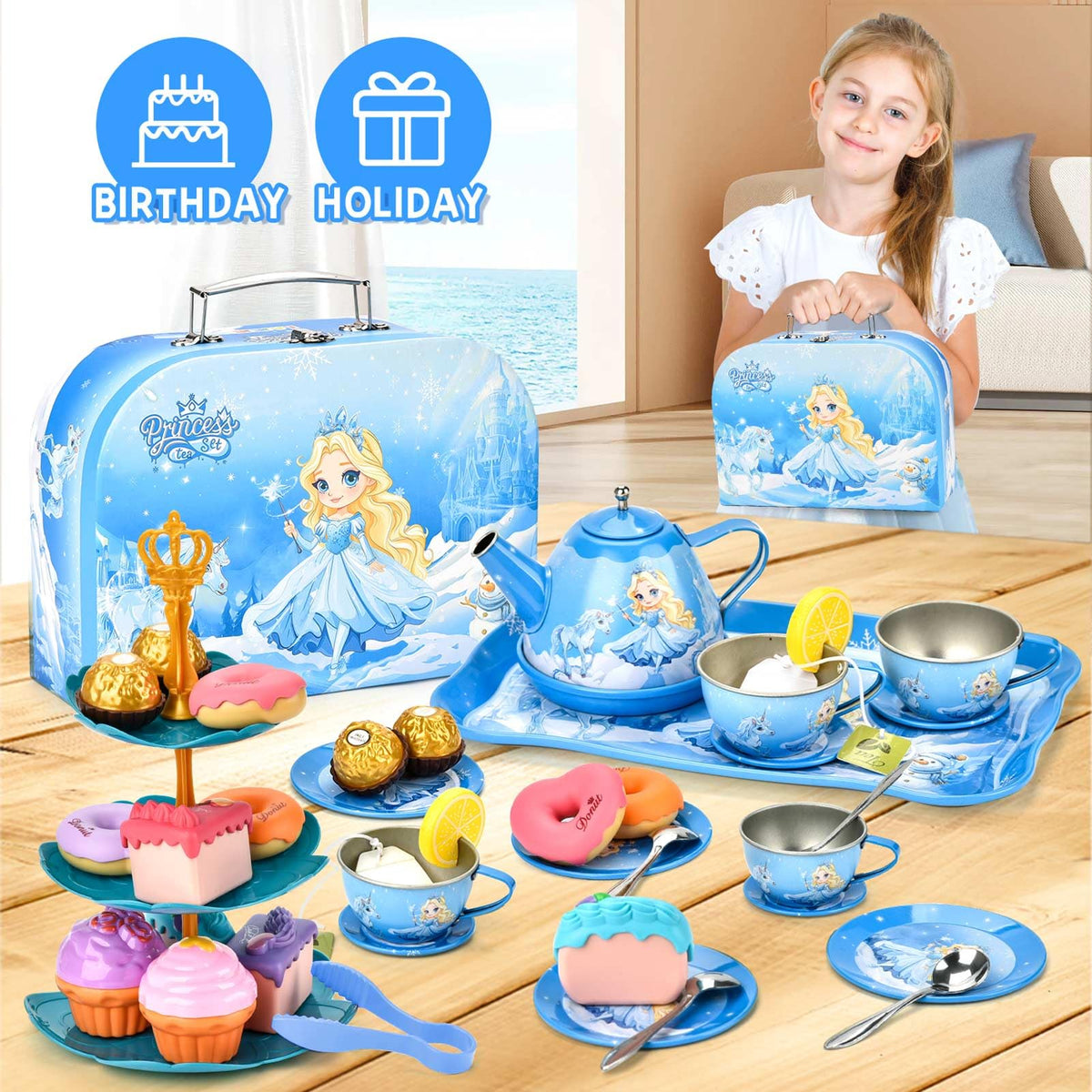 Amplov 43-Piece Princess Tea Set Playset for Kids – Pretend Play Kitchen Toy with Teapot, Desserts & Carrying Case | Toddler Tea Party Toys, Imaginative Role Play, Birthday Gift for Girls Ages 3-8