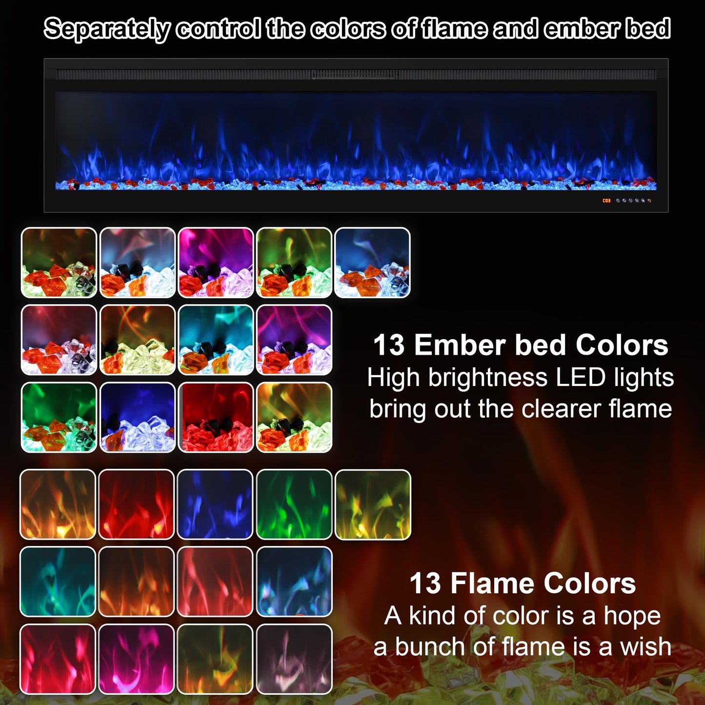 Oxhark Flame Linear Smart WiFi Electric Fireplace 72 Inch, APP & Touch Screen & Remote Control, 169 Realistic Flame Color Combinations, Timer & Thermostat Fireplace Heater,1500W