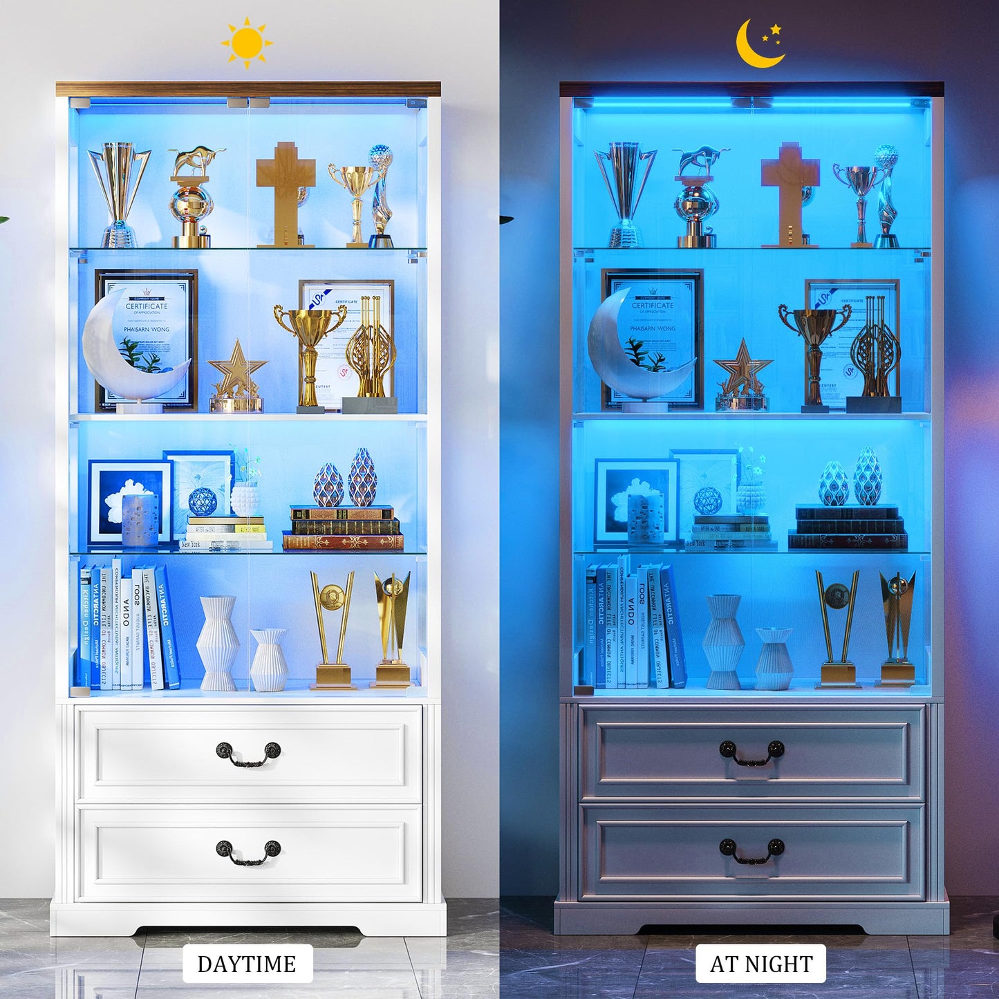 TAGELIER 67" Tall Display Cabinet with Glass Doors and 2 Drawers, Adjustable Glass Height Bookcase, Curio Cabinet with 3 LED Lights and Human Body Sensor (White)
