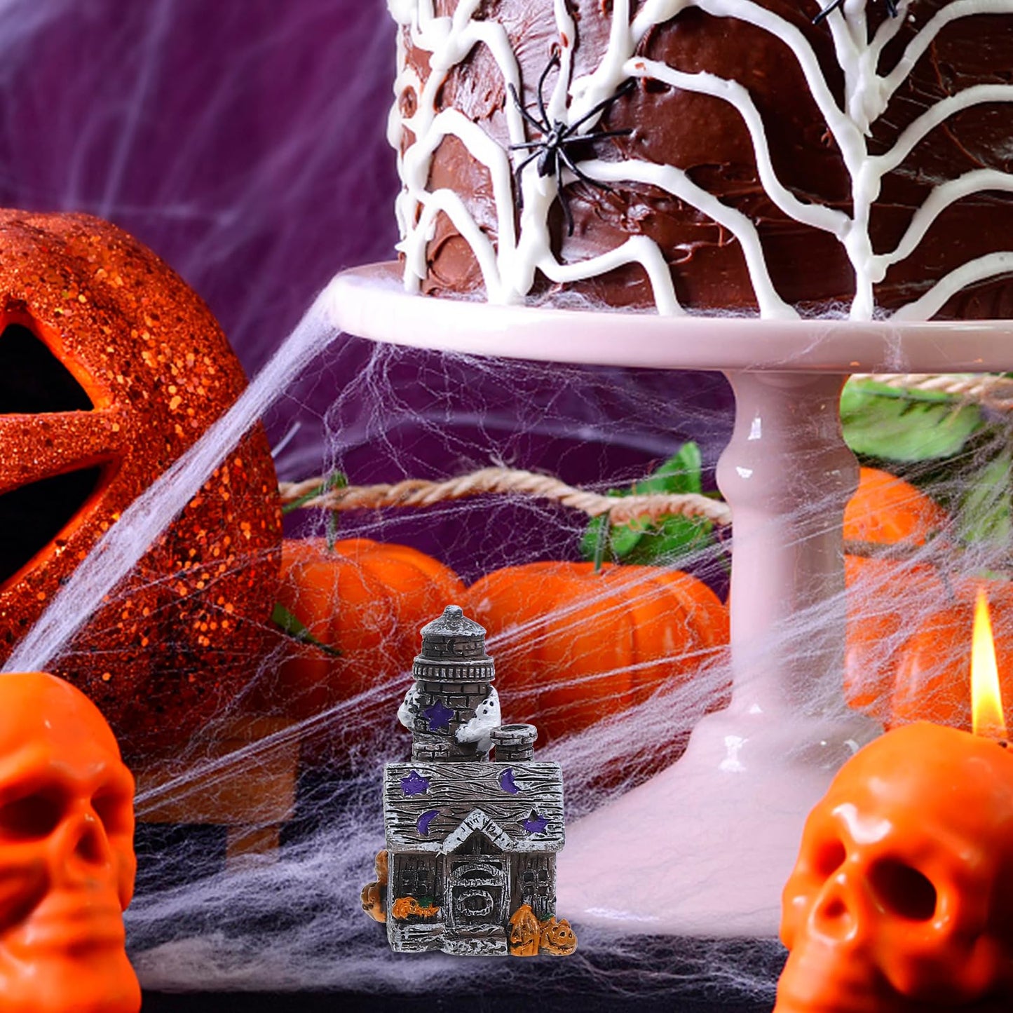 LOGOFUN 4pcs Halloween Miniature House Statue Resin Mini Haunted House Figurines for DIY Crafts Halloween Micro-Landscape Decoration