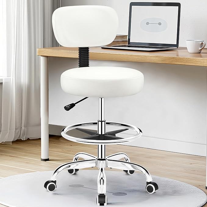 Brick Attic Drafting Chair with Backrest – Adjustable Foot Rest Rolling Stool with Wheels, PU Leather Swivel Stool for Office Spa Studio Lab Counter Salon Home Work Bar Kitchen Shop(White)