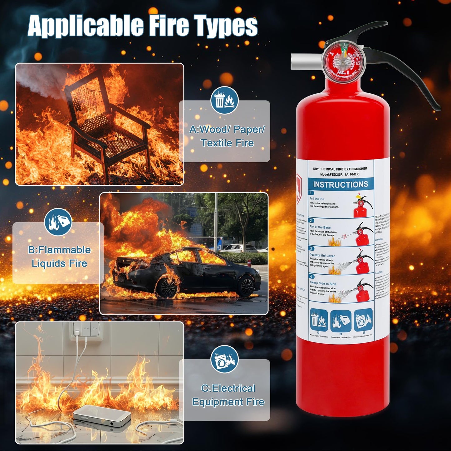 4 Pack ABC Dry Chemical Fire Extinguishers, 2.5 lb 1A:10B:C Rating for Home, Car, Boat, Quick Release Handle, Compact & Portable Dry Powder Extinguisher